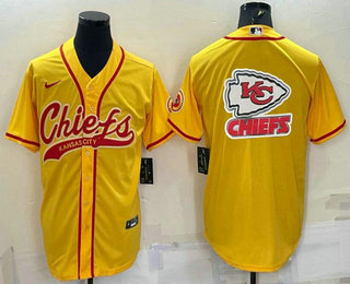 Men's Kansas City Chiefs Gold Team Big Logo With Patch Cool Base Stitched Baseball Jersey