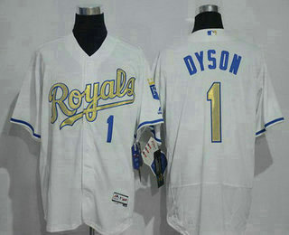 Men's Kansas City Royals #1 Jarrod Dyson Majestic White World Series Champions Gold Program FlexBase Player Jersey