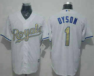 Men's Kansas City Royals #1 Jarrod Dyson White New Cool Base 2015 World Series Champions Gold Program Jersey