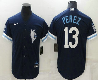 Men's Kansas City Royals #13 Salvador Perez 2022 Navy Blue City Connect Cool Base Stitched Jersey