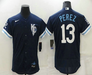 Men's Kansas City Royals #13 Salvador Perez 2022 Navy Blue City Connect Flex Base Stitched Jersey