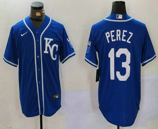 Men's Kansas City Royals #13 Salvador Perez Blue KC Cool Base Stitched Jersey