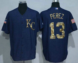 Men's Kansas City Royals #13 Salvador Perez Blue Salute to Service Majestic Baseball Jersey