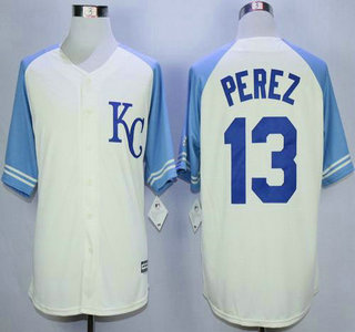 Men's Kansas City Royals #13 Salvador Perez Cream Exclusive Vintage Jersey