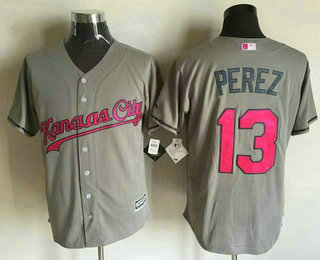 Men's Kansas City Royals #13 Salvador Perez Gray With Pink 2016 Mother's Day Baseball Cool Base Jersey