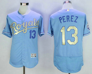 Men's Kansas City Royals #13 Salvador Perez Light Blue 2015 World Series Champions Gold Program FlexBase Jersey