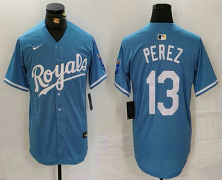 Men's Kansas City Royals #13 Salvador Perez Light Blue Cool Base Stitched Jersey