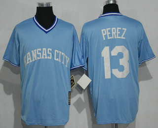 Men's Kansas City Royals #13 Salvador Perez Light Blue Pullover Majestic Cool Base Cooperstown Collection Jersey