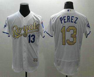 Men's Kansas City Royals #13 Salvador Perez Majestic White World Series Champions Gold Program FlexBase Player Jersey