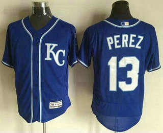 Men's Kansas City Royals #13 Salvador Perez Navy Blue KC 2016 Flexbase Majestic Baseball Jersey