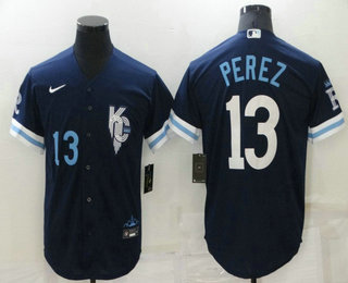 Men's Kansas City Royals #13 Salvador Perez Number 2022 Navy Blue City Connect Cool Base Stitched Jersey