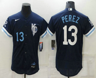 Men's Kansas City Royals #13 Salvador Perez Number 2022 Navy Blue City Connect Flex Base Stitched Jersey