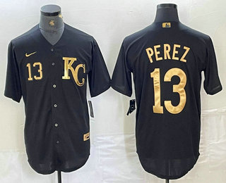 Men's Kansas City Royals #13 Salvador Perez Number Black Gold Cool Base Stitched Jersey