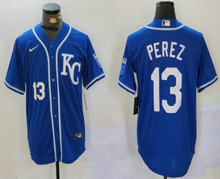 Men's Kansas City Royals #13 Salvador Perez Number Blue KC Cool Base Stitched Jersey