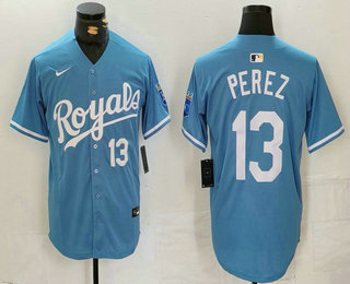 Men's Kansas City Royals #13 Salvador Perez Number Light Blue Cool Base Stitched Jersey