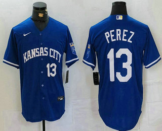 Men's Kansas City Royals #13 Salvador Perez Number Royal Cool Base Stitched Jersey