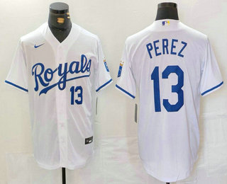 Men's Kansas City Royals #13 Salvador Perez Number White Cool Base Stitched Jersey