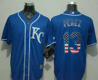 Men's Kansas City Royals #13 Salvador Perez USA Flag Fashion Blue New Cool Base Jersey