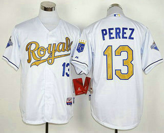 Men's Kansas City Royals #13 Salvador Perez White 2015 World Series Champions Gold Program Jersey