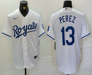 Men's Kansas City Royals #13 Salvador Perez White Cool Base Stitched Jersey