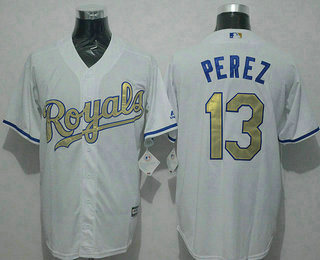 Men's Kansas City Royals #13 Salvador Perez White New Cool Base 2015 World Series Champions Gold Program Jersey