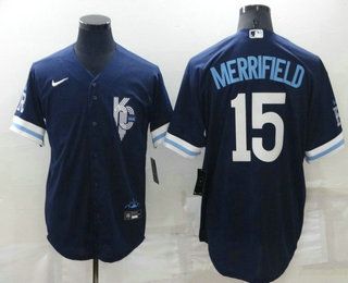 Men's Kansas City Royals #15 Whit Merrifield 2022 Navy Blue City Connect Cool Base Stitched Jersey