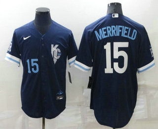 Men's Kansas City Royals #15 Whit Merrifield Number 2022 Navy Blue City Connect Cool Base Stitched Jersey