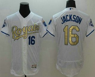 Men's Kansas City Royals #16 Bo Jackson Majestic White World Series Champions Gold Program FlexBase Player Jersey