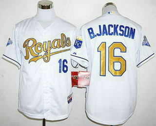 Men's Kansas City Royals #16 Bo Jackson White 2015 World Series Champions Gold Program Jersey