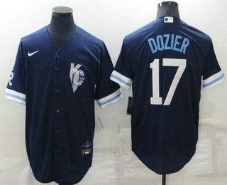 Men's Kansas City Royals #17 Hunter Dozier 2022 Navy Blue City Connect Cool Base Stitched Jersey