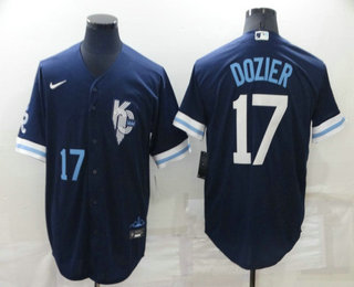 Men's Kansas City Royals #17 Hunter Dozier Number 2022 Navy Blue City Connect Cool Base Stitched Jersey