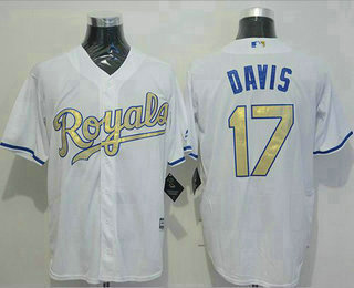 Men's Kansas City Royals #17 Wade Davis White New Cool Base 2015 World Series Champions Gold Program Jersey