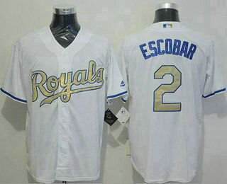 Men's Kansas City Royals #2 Alcides Escobar White New Cool Base 2015 World Series Champions Gold Program Jersey