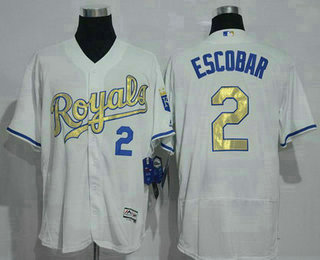 Men's Kansas City Royals #2 Alcides Escobar White World Series Champions Gold Program FlexBase Player Jersey