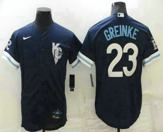 Men's Kansas City Royals #23 Zack Greinke 2022 Navy Blue City Connect Flex Base Stitched Jersey