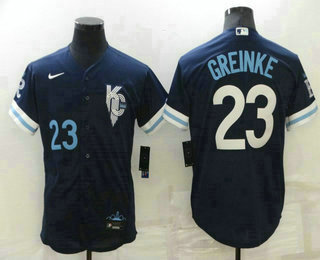 Men's Kansas City Royals #23 Zack Greinke Number 2022 Navy Blue City Connect Flex Base Stitched Jersey