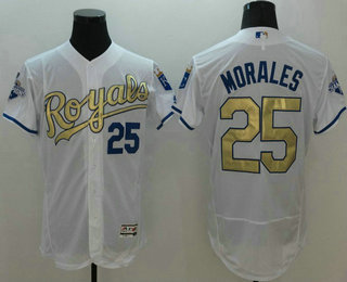 Men's Kansas City Royals #25 Kendrys Morales Majestic White World Series Champions Gold Program FlexBase Player Jersey