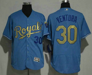 Men's Kansas City Royals #30 Yordano Ventura Light Blue 2015 World Series Champions Gold Program Flex Base Jersey