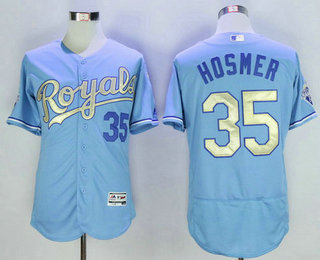 Men's Kansas City Royals #35 Eric Hosmer Light Blue 2015 World Series Champions Gold Program FlexBase Jersey