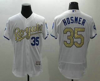 Men's Kansas City Royals #35 Eric Hosmer Majestic White World Series Champions Gold Program FlexBase Player Jersey