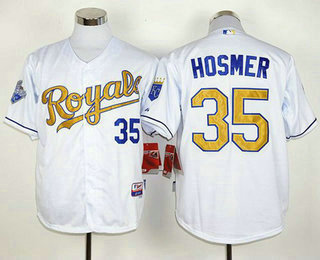 Men's Kansas City Royals #35 Eric Hosmer White 2015 World Series Champions Gold Program Jersey