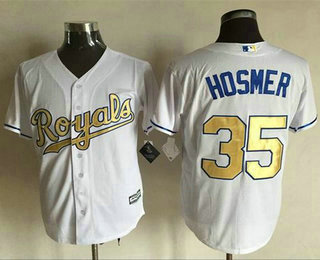 Men's Kansas City Royals #35 Eric Hosmer White New Cool Base 2015 World Series Champions Gold Program Jersey