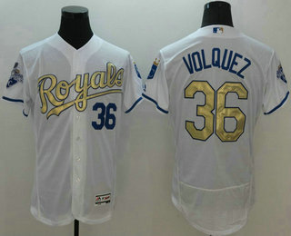 Men's Kansas City Royals #36 Edinson Volquez Majestic White World Series Champions Gold Program FlexBase Player Jersey