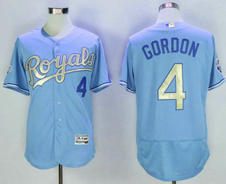 Men's Kansas City Royals #4 Alex Gordon Light Blue 2015 World Series Champions Gold Program FlexBase Jersey