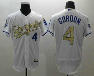 Men's Kansas City Royals #4 Alex Gordon Majestic White World Series Champions Gold Program FlexBase Player Jersey