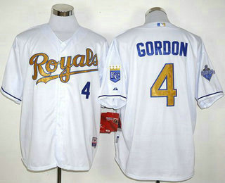 Men's Kansas City Royals #4 Alex Gordon White 2015 World Series Champions Gold Program Jersey