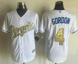 Men's Kansas City Royals #4 Alex Gordon White New Cool Base 2015 World Series Champions Gold Program Jersey