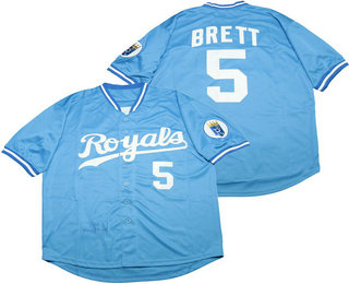 Men's Kansas City Royals #5 George Brett 1985 Light Blue Throwback Jersey