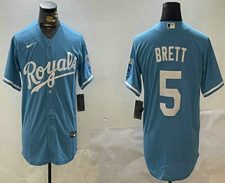 Men's Kansas City Royals #5 George Brett Light Blue With Patch Cool Base Stitched Jersey