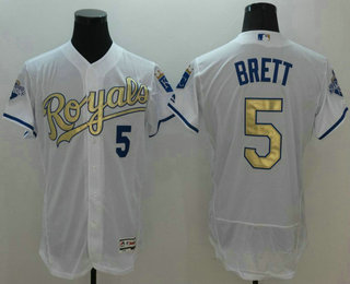 Men's Kansas City Royals #5 George Brett Majestic White World Series Champions Gold Program FlexBase Player Jersey